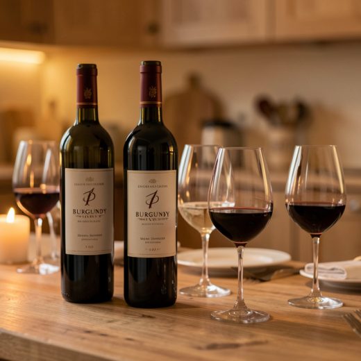 Vue élégante de bouteilles de vin bourguignon et de verres disposés sur une table de dégustation dans une cuisine gourmande.