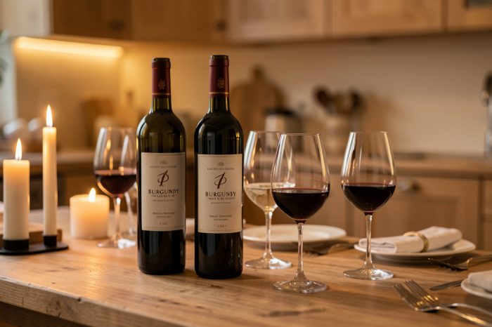 Vue élégante de bouteilles de vin bourguignon et de verres disposés sur une table de dégustation dans une cuisine gourmande.