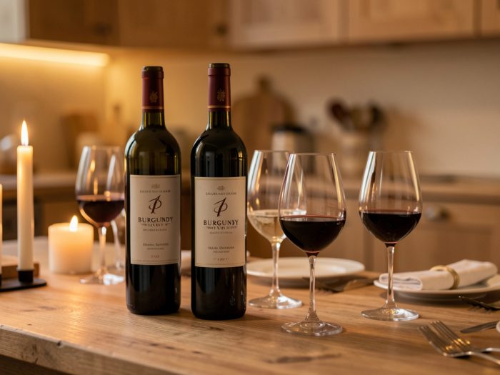 Vue élégante de bouteilles de vin bourguignon et de verres disposés sur une table de dégustation dans une cuisine gourmande.