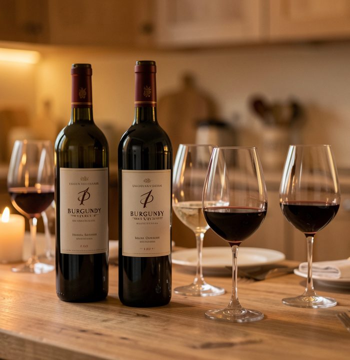 Vue élégante de bouteilles de vin bourguignon et de verres disposés sur une table de dégustation dans une cuisine gourmande.