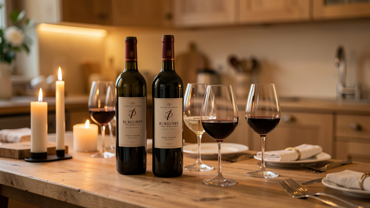 Vue élégante de bouteilles de vin bourguignon et de verres disposés sur une table de dégustation dans une cuisine gourmande.