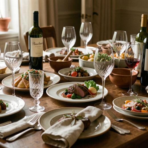 Table de repas élégante dressée avec des plats variés, des verres de vin et des bouteilles sans étiquette visible.