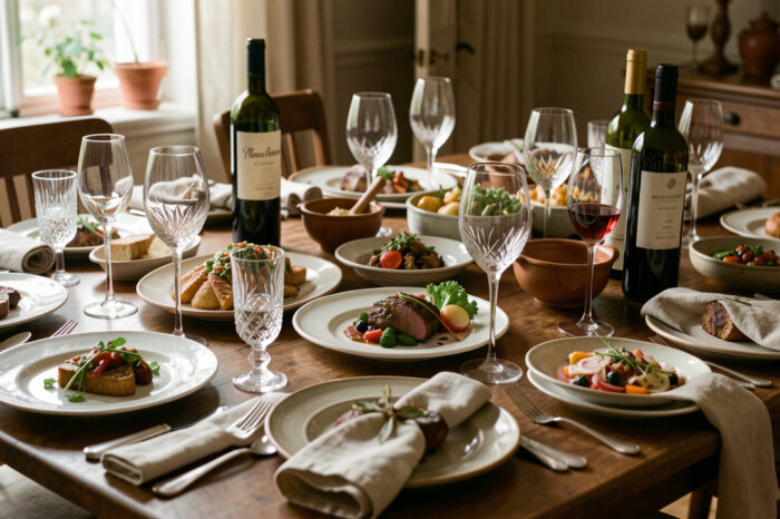 Table de repas élégante dressée avec des plats variés, des verres de vin et des bouteilles sans étiquette visible.