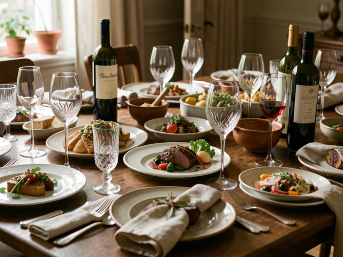 Table de repas élégante dressée avec des plats variés, des verres de vin et des bouteilles sans étiquette visible.
