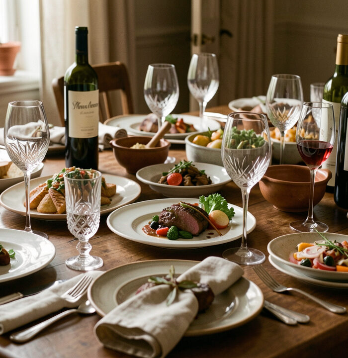 Table de repas élégante dressée avec des plats variés, des verres de vin et des bouteilles sans étiquette visible.