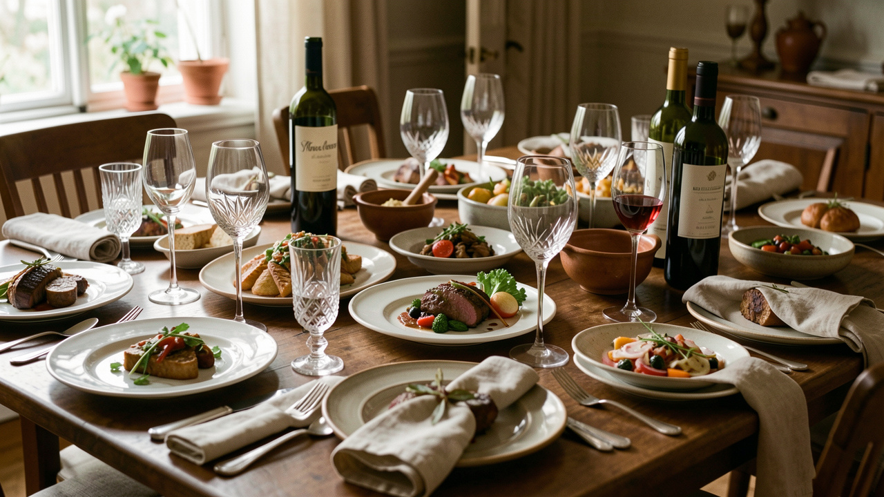 Table de repas élégante dressée avec des plats variés, des verres de vin et des bouteilles sans étiquette visible.