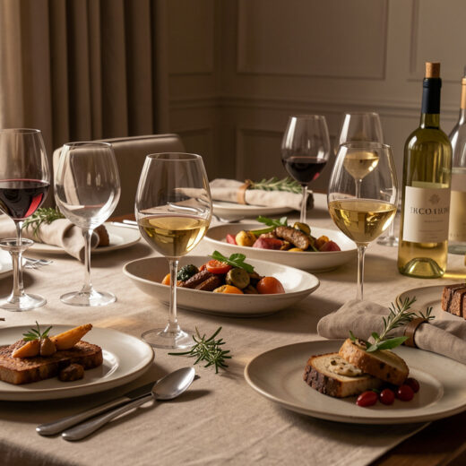 Table de repas élégante garnie de plats variés, de verres à vin et de bouteilles en verre sans étiquette visible.