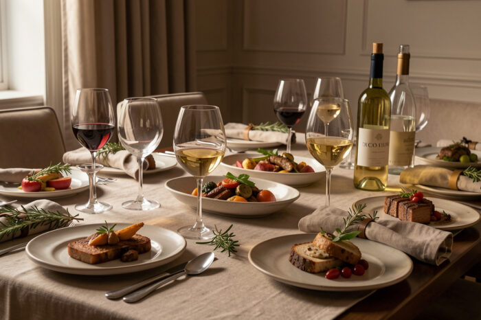 Table de repas élégante garnie de plats variés, de verres à vin et de bouteilles en verre sans étiquette visible.