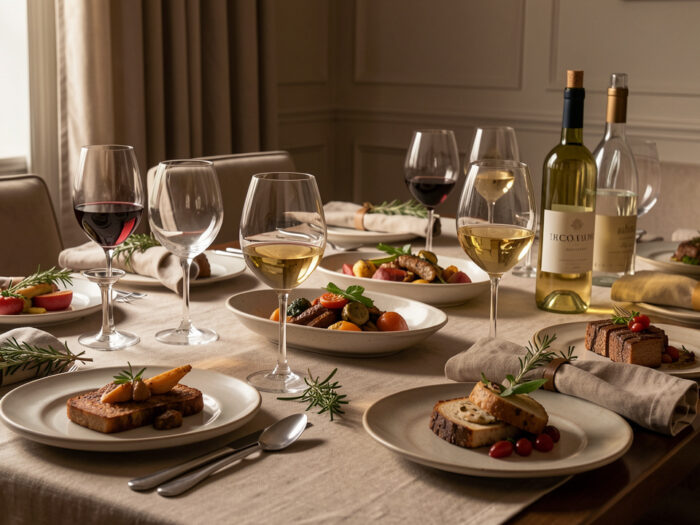 Table de repas élégante garnie de plats variés, de verres à vin et de bouteilles en verre sans étiquette visible.
