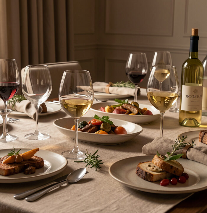 Table de repas élégante garnie de plats variés, de verres à vin et de bouteilles en verre sans étiquette visible.