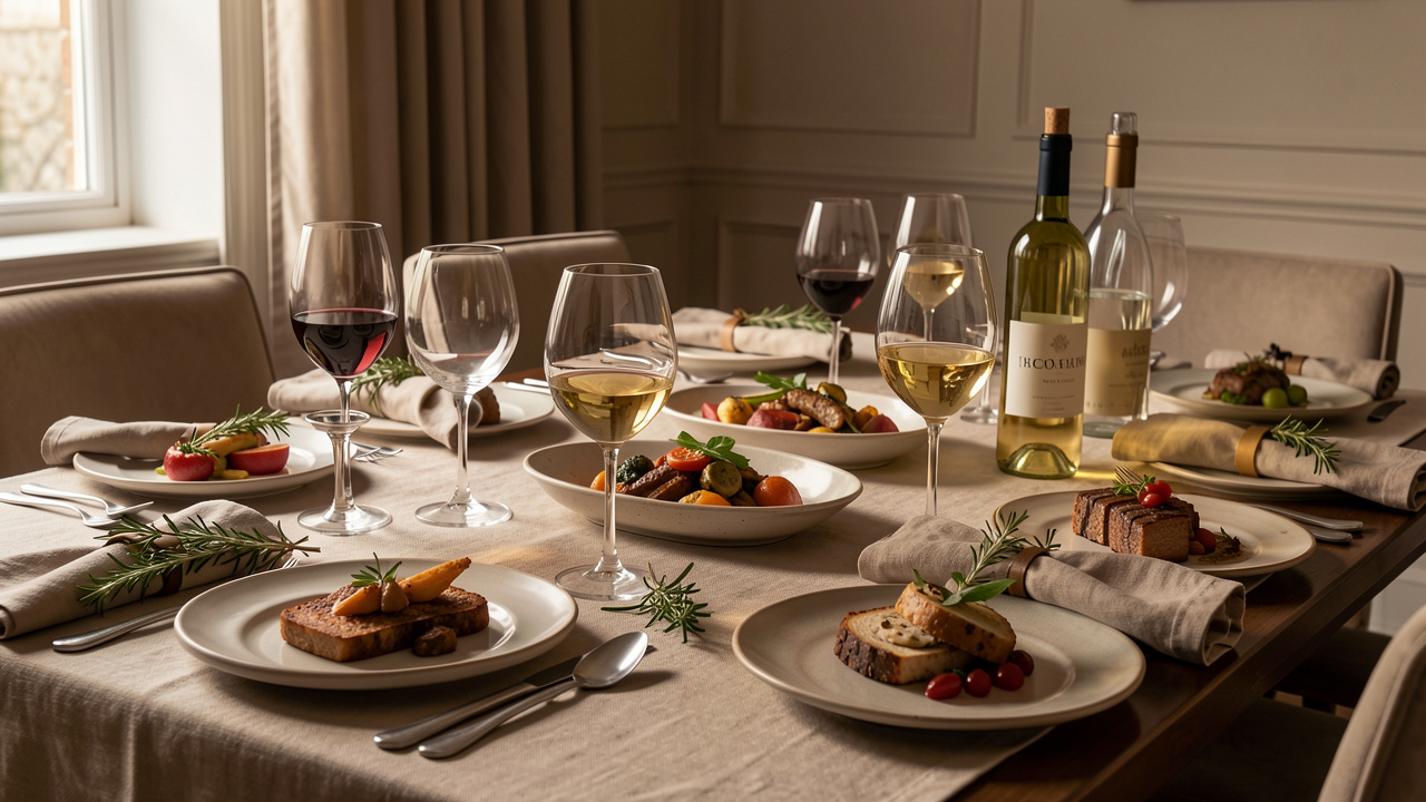 Table de repas élégante garnie de plats variés, de verres à vin et de bouteilles en verre sans étiquette visible.