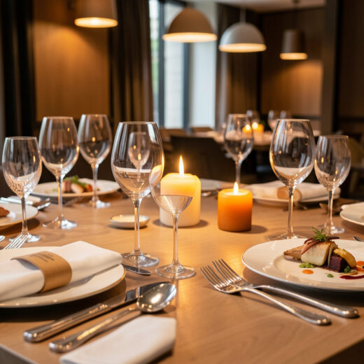 Table de restaurant gastronomique élégante avec vaisselle raffinée, verres en cristal, éclairage chaleureux et plats créatifs soigneusement présentés.