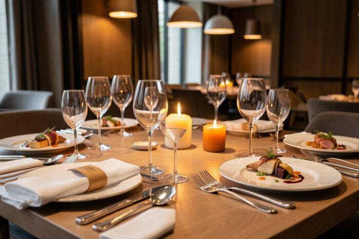 Table de restaurant gastronomique élégante avec vaisselle raffinée, verres en cristal, éclairage chaleureux et plats créatifs soigneusement présentés.