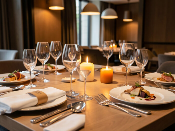 Table de restaurant gastronomique élégante avec vaisselle raffinée, verres en cristal, éclairage chaleureux et plats créatifs soigneusement présentés.