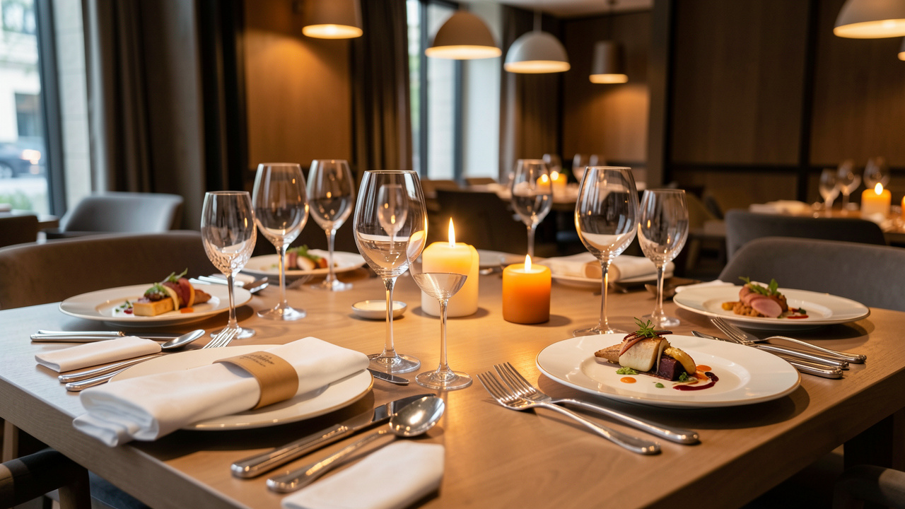 Table de restaurant gastronomique élégante avec vaisselle raffinée, verres en cristal, éclairage chaleureux et plats créatifs soigneusement présentés.