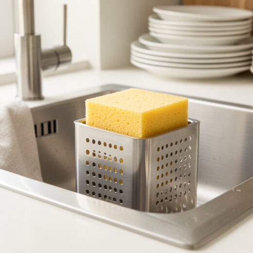 Évier de cuisine lumineux avec une éponge neuve sur un porte-éponge ajouré en inox, un torchon propre et de la vaisselle en arrière-plan.