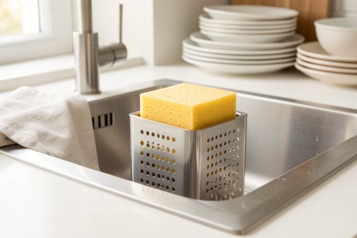 Évier de cuisine lumineux avec une éponge neuve sur un porte-éponge ajouré en inox, un torchon propre et de la vaisselle en arrière-plan.