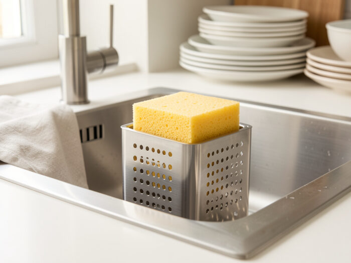 Évier de cuisine lumineux avec une éponge neuve sur un porte-éponge ajouré en inox, un torchon propre et de la vaisselle en arrière-plan.