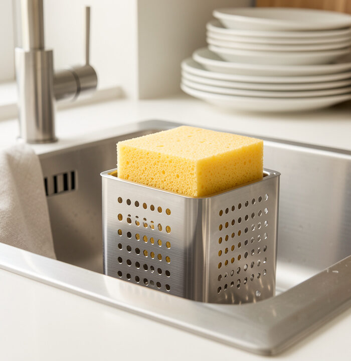 Évier de cuisine lumineux avec une éponge neuve sur un porte-éponge ajouré en inox, un torchon propre et de la vaisselle en arrière-plan.