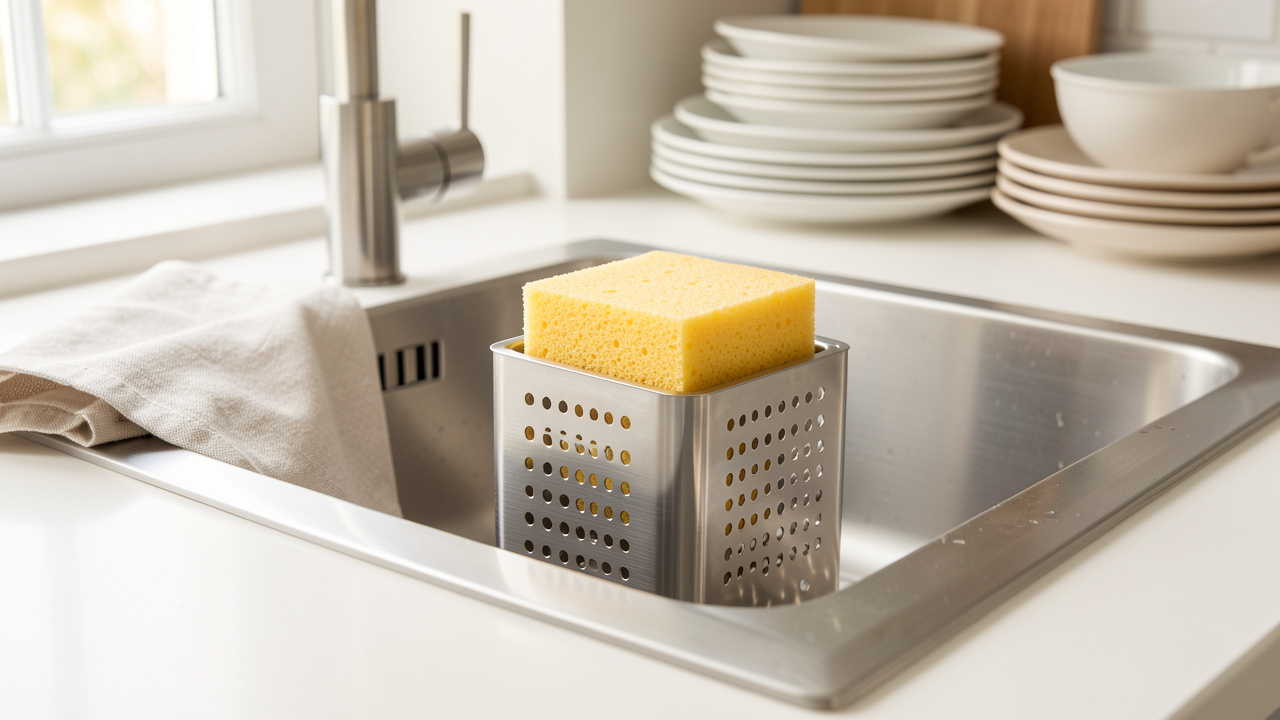 Évier de cuisine lumineux avec une éponge neuve sur un porte-éponge ajouré en inox, un torchon propre et de la vaisselle en arrière-plan.