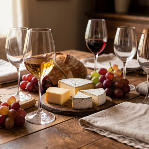 Table chaleureuse de dégustation avec verres à vin élégants, fromages, pains artisanaux et lumière naturelle.