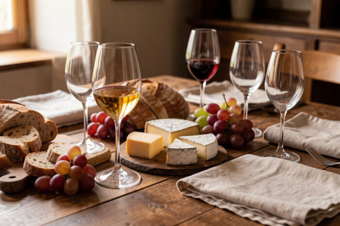 Table chaleureuse de dégustation avec verres à vin élégants, fromages, pains artisanaux et lumière naturelle.