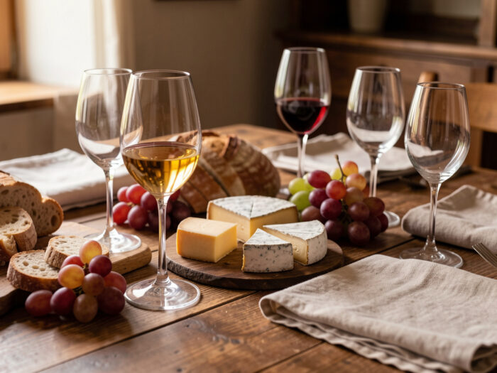 Table chaleureuse de dégustation avec verres à vin élégants, fromages, pains artisanaux et lumière naturelle.