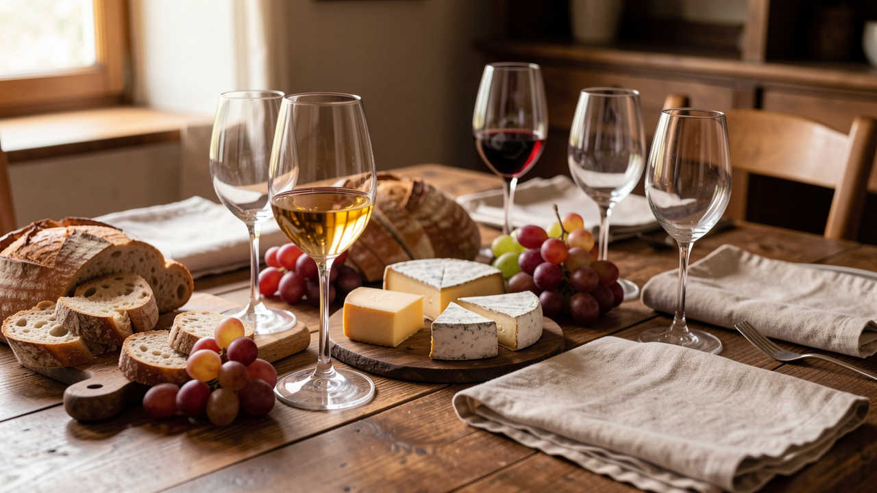 Table chaleureuse de dégustation avec verres à vin élégants, fromages, pains artisanaux et lumière naturelle.