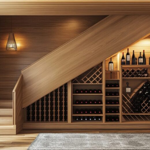 Cave à vin aménagée sous un escalier avec des bouteilles rangées dans des casiers en bois.