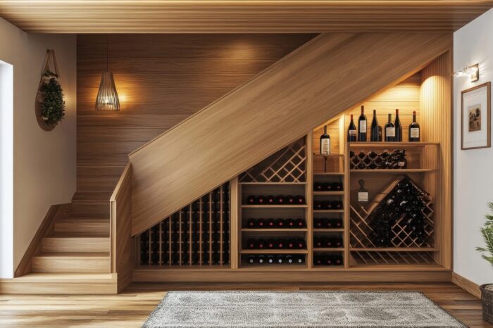 Cave à vin aménagée sous un escalier avec des bouteilles rangées dans des casiers en bois.