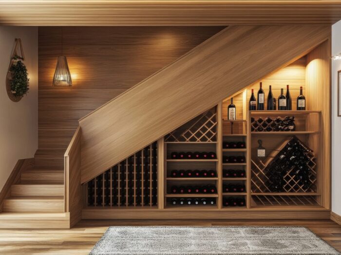Cave à vin aménagée sous un escalier avec des bouteilles rangées dans des casiers en bois.
