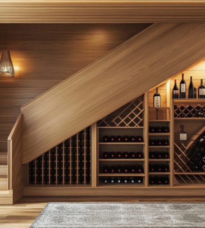Cave à vin aménagée sous un escalier avec des bouteilles rangées dans des casiers en bois.
