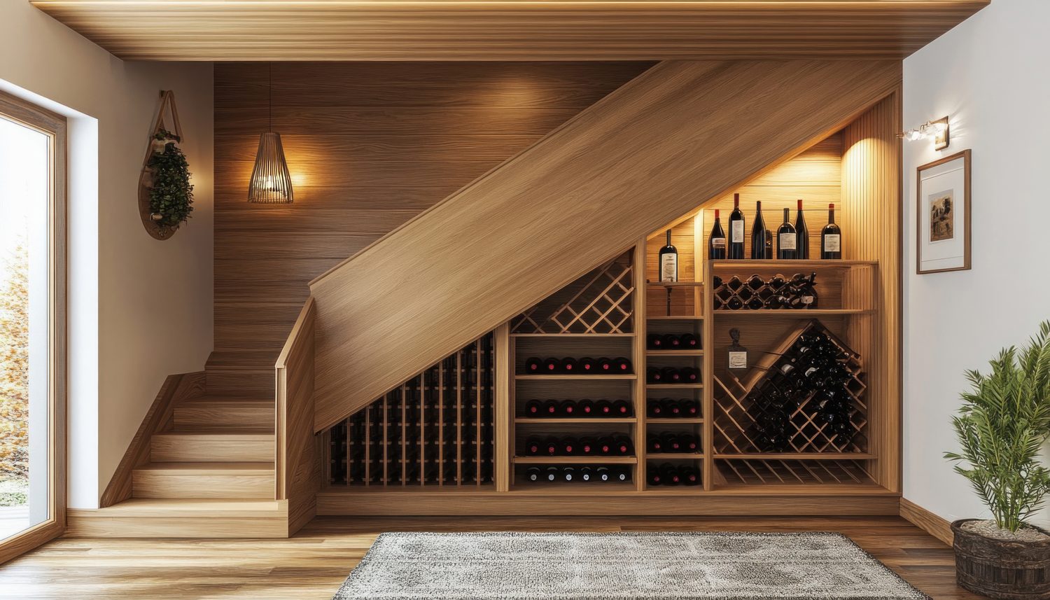 Cave à vin aménagée sous un escalier avec des bouteilles rangées dans des casiers en bois.