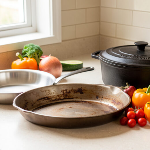 Plan de travail lumineux présentant une poêle en inox, une poêle en acier carbone, une cocotte en fonte, des légumes de saison et une bouteille d’huile d’olive.