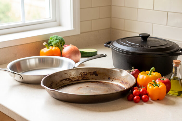 Plan de travail lumineux présentant une poêle en inox, une poêle en acier carbone, une cocotte en fonte, des légumes de saison et une bouteille d’huile d’olive.