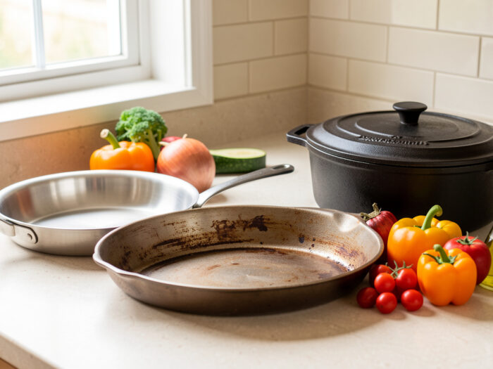 Plan de travail lumineux présentant une poêle en inox, une poêle en acier carbone, une cocotte en fonte, des légumes de saison et une bouteille d’huile d’olive.