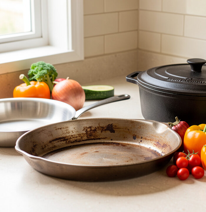 Plan de travail lumineux présentant une poêle en inox, une poêle en acier carbone, une cocotte en fonte, des légumes de saison et une bouteille d’huile d’olive.