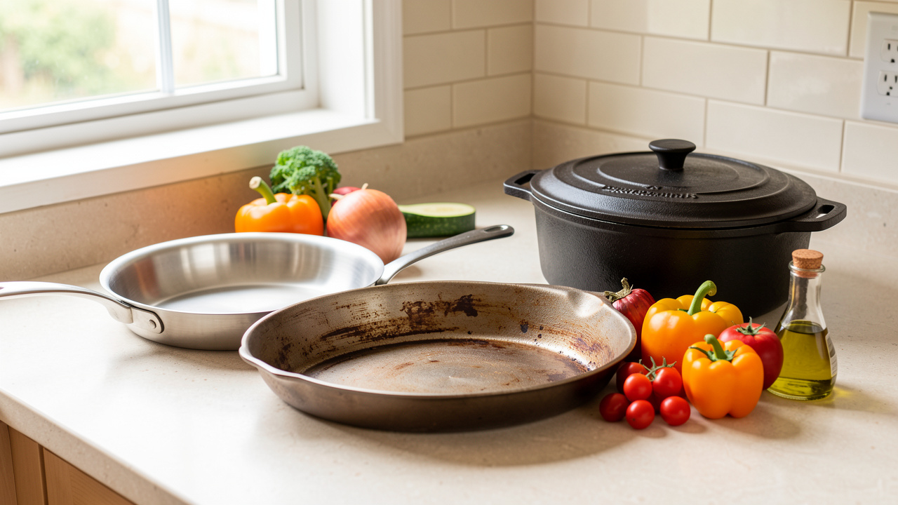 Plan de travail lumineux présentant une poêle en inox, une poêle en acier carbone, une cocotte en fonte, des légumes de saison et une bouteille d’huile d’olive.