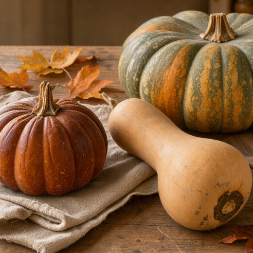 Table de cuisine automnale présentant un potimarron, une courge butternut et une courge Musquée de Provence intactes dans une lumière douce de fin d’après-midi.