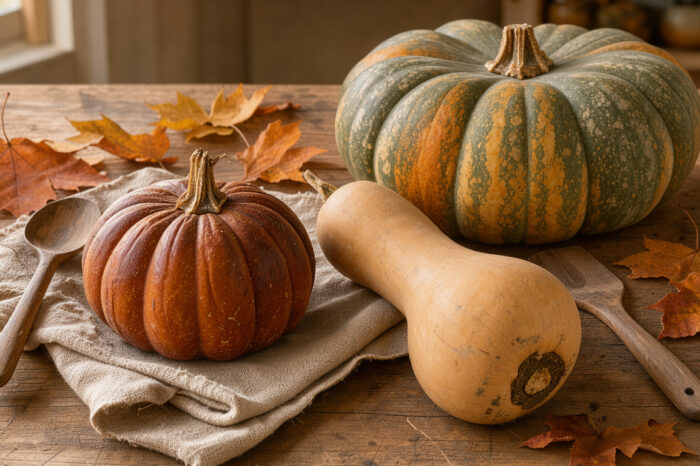 Table de cuisine automnale présentant un potimarron, une courge butternut et une courge Musquée de Provence intactes dans une lumière douce de fin d’après-midi.