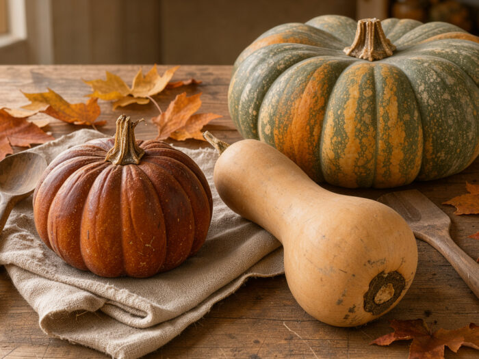 Table de cuisine automnale présentant un potimarron, une courge butternut et une courge Musquée de Provence intactes dans une lumière douce de fin d’après-midi.