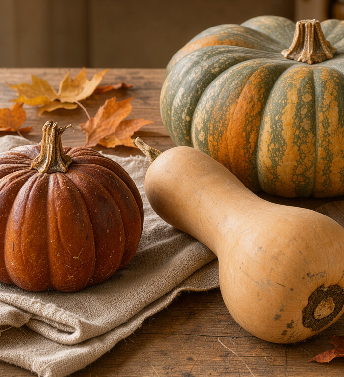 Table de cuisine automnale présentant un potimarron, une courge butternut et une courge Musquée de Provence intactes dans une lumière douce de fin d’après-midi.