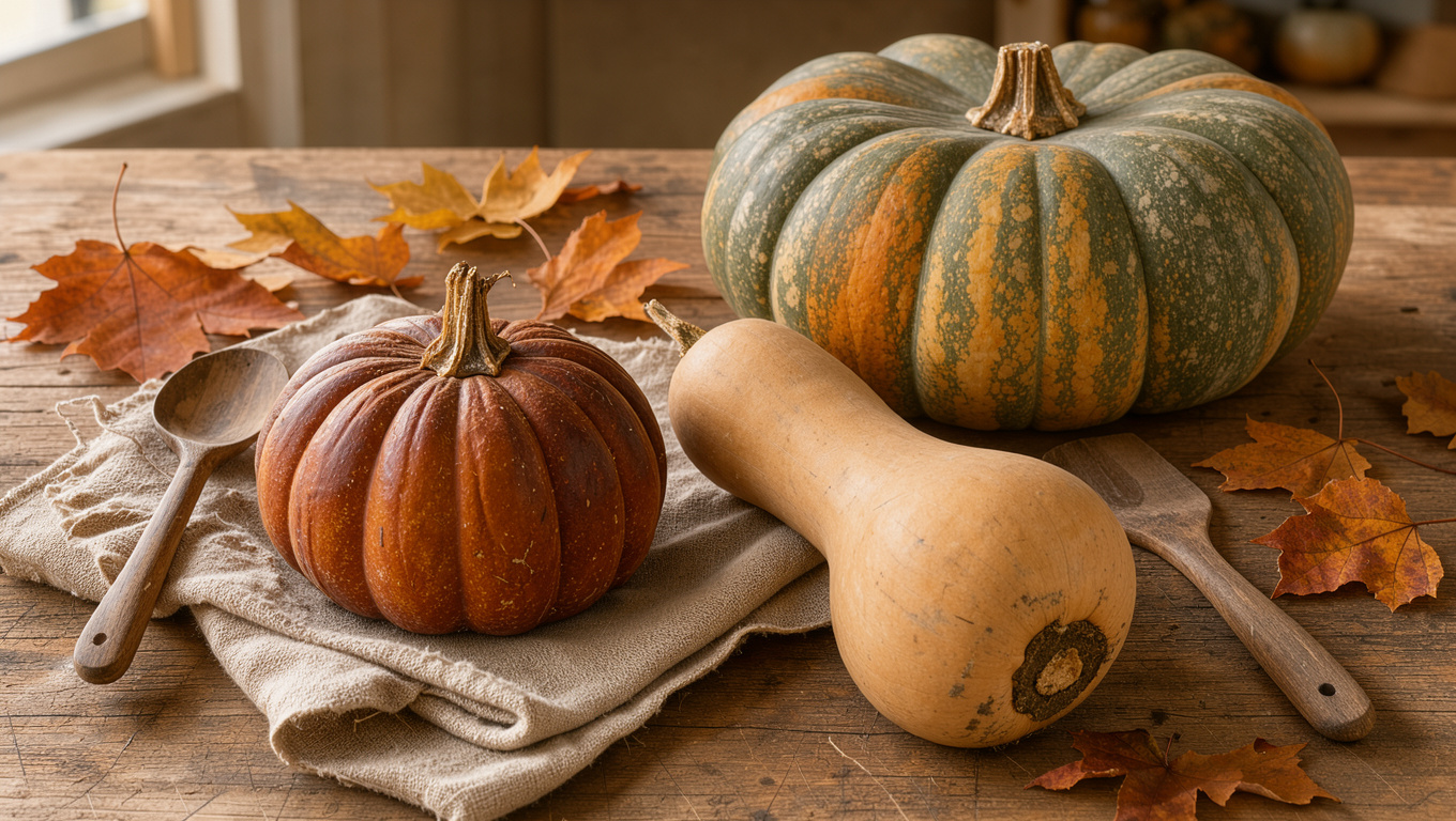 Table de cuisine automnale présentant un potimarron, une courge butternut et une courge Musquée de Provence intactes dans une lumière douce de fin d’après-midi.